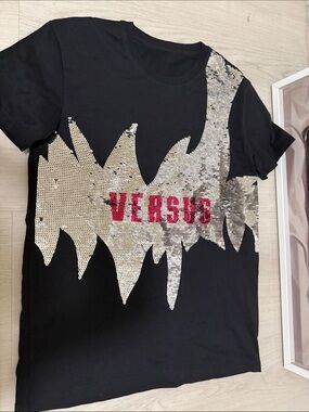 Versus Versace Black Tee with Silver Sequin Graphic and Red Logo